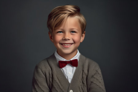 Portrait of a cute little boy in a sweater and bow tie.の素材