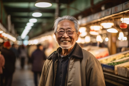 Portrait of a senior Japanese man at the market in Tokyo, Japanの素材