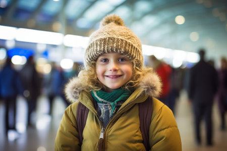 Portrait of smiling little boy in winter hat and scarf at airportの素材