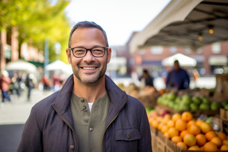 Portrait of a handsome middle-aged man with eyeglasses at the marketの素材