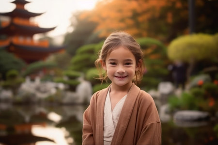Portrait of a cute little girl in the Japanese garden at sunsetの素材