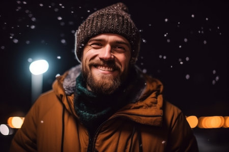 Portrait of a young man in the city at night with snowの素材