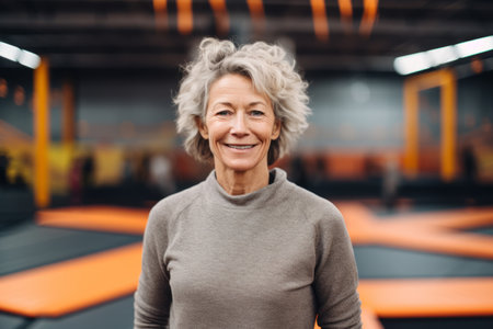 Portrait of a smiling senior woman in sportswear standing in a gymの素材