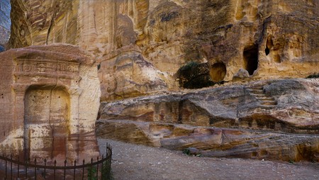 A place for sacrifices in Ravine As Siq of ancient Petra, Jordan.のeditorial素材