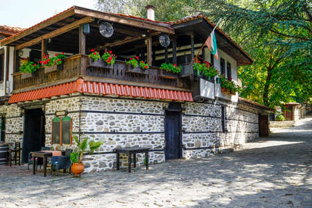 Old picturesque house from the Arichektur compex Varosha in Blagoevgrad, Bulgaria. Fully retained the authentic atmosphere of the Bulgarian national revival villages dating back more than two centurieのeditorial素材