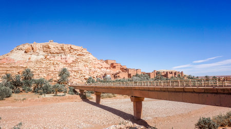 A look at the Berber clay village Ait Ben Haddou and the parched river MelchÃ¡, Morocco.の写真素材
