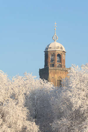 The tower of the Great Church in Deventer, the Netherlands, above trees covered with frost in winterの写真素材