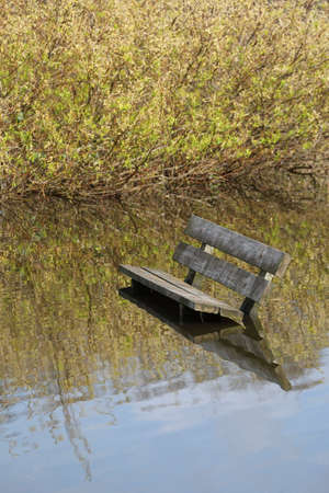 A wooden bench at a local park standing in water due to a floodの写真素材
