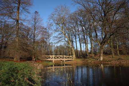 A local park with a wooden bridge over waterの写真素材