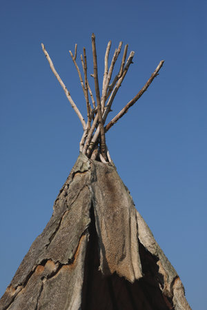 A close-up of a tent made of animal hides and branches against a blue sky