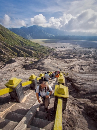 Visitors climbing strairs towards the rim of Gunung Bromo in East Java, Indonesiaのeditorial素材