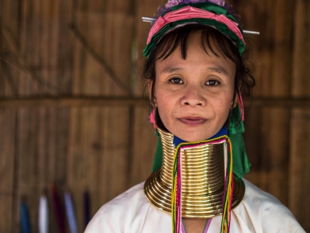 Karen Long Neck Woman Posing for a Portrait in Hill Tribe Village Near Chiang Mai, Thailandのeditorial素材
