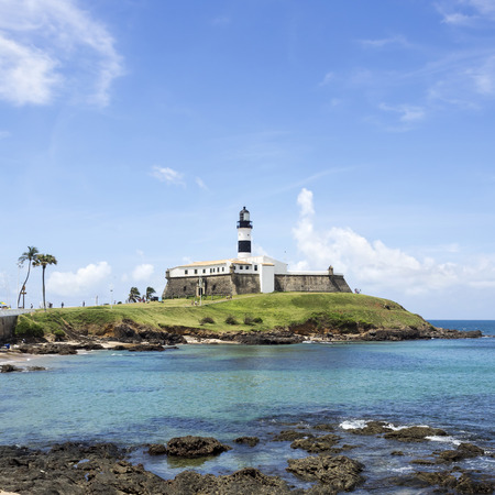 View of Famous Farol da Barra (Barra Lighthouse) in Salvador, Bahia, Brazilのeditorial素材