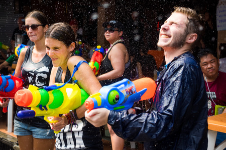 Caucasian tourists at Songkran festival in Bangkok, Thailandのeditorial素材