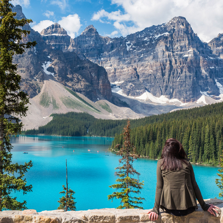 Tourist at Moraine Lake in Banff National Park, Alberta, Canadaの写真素材