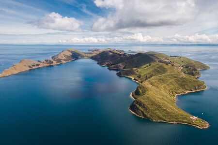 Aerial view of Sun Island (Spanish: Isla del Sol ) on Lake Titicaca in Bolivia, South America.の写真素材