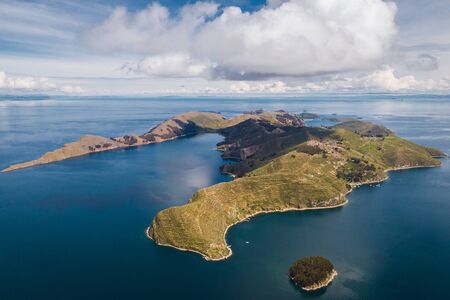 Aerial view of Sun Island (Spanish: Isla del Sol ) on Titicaca Lake in Bolivia, South America.の写真素材