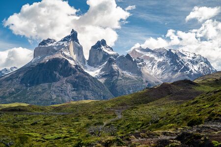 Paine Horns Massif (Spanish: Cuernos del Paine ) in Torres del Paine National Park, Chilean Patagonia, South America.の写真素材