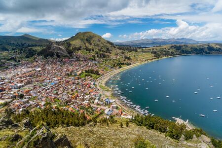 Copacabana, Bolivia, Panoramic View of Waterfront and Lake Titicacaの写真素材