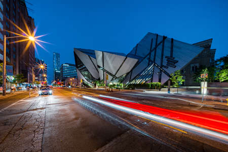Night view of architectural landmark Royal Ontario Museum aka the ROM in Toronto, Ontario, Canada.のeditorial素材