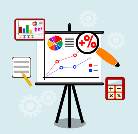 Flat design vector illustration infographic concept with icons set of modern business working elements, finance paperwork objects and financial planning for development business project.のイラスト素材