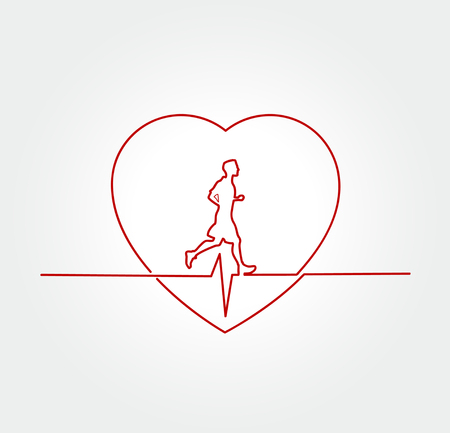 Running or jogging concept illustration with silhouette of a person with healthy lifestyle symbol in background. Cardio exercise. Eps10 vector illustration.のイラスト素材