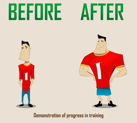 Vector illustration of Illustration of progress in training.Before training and after. Two cartoon characters. Vectorのイラスト素材