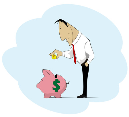Businessman throwing a coin into a piggy bank. Drawing on the theme of investment deposits, savings programs, the opening of bank accounts. Vector illustration.のイラスト素材