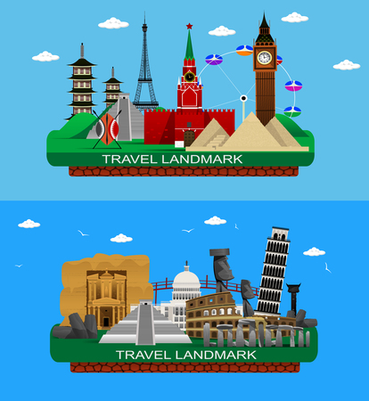 Vector illustration of flat design composition with famous world landmarks. のイラスト素材