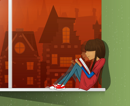 Young beautiful girl sitting on a windowsill and read book. Layered vecto illustration. Able to editのイラスト素材