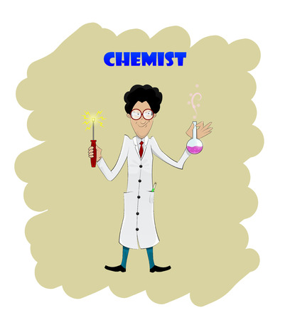 Fun cartoon chemist with flask. Vector illustrationのイラスト素材