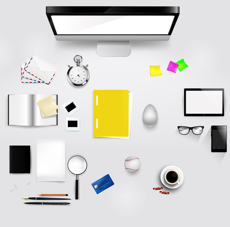 Desktop layout with different items on it. Each of the items is a separate element, and placed on a separate layer for easy useのイラスト素材