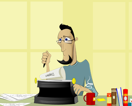 Writer at work. Handsome young writer sitting at the table and writing something. Vector illustrationのイラスト素材