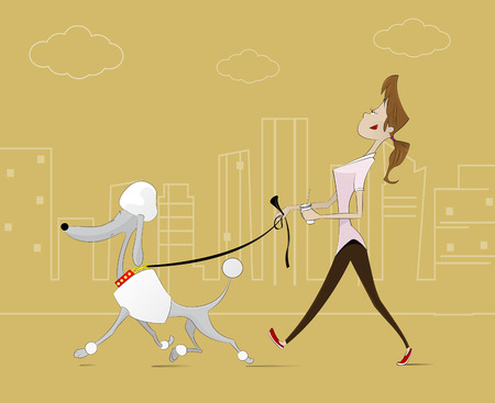 Illustration of  woman taking  walk with the dog. Pets, veterinary and dog walking service concept illustrationのイラスト素材