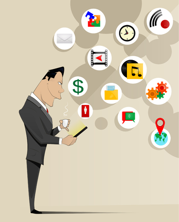 Cartoon businessman holding mobile phone representing e-commerce conceptのイラスト素材