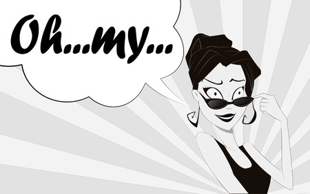 Surprised woman face with open mouth and sunglasses. Sales,discount bannerのイラスト素材
