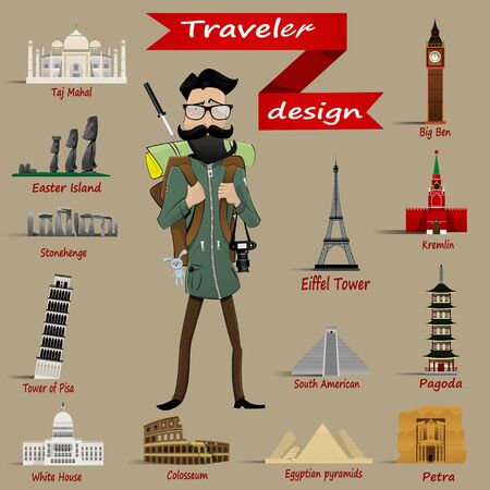 Guy with  travel backpack and icons  of different world miracles. Easy to edit Vectorのイラスト素材