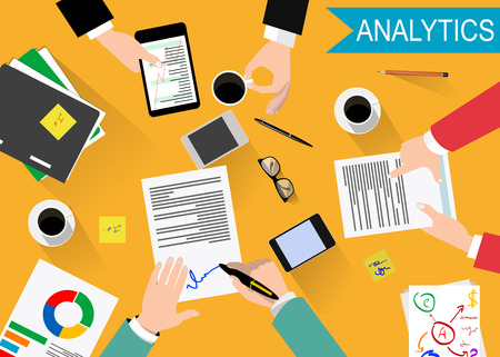 Flat design modern illustration concept of teamwork analyzing project on business meeting. Vectorのイラスト素材