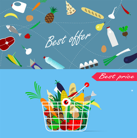 Shopping basket with healthy organic fresh and natural food and background with food around. Flat vector icon.のイラスト素材