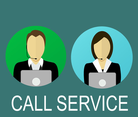 Male and female call center avatar icons with faceless man and woman wearing headsets with colorful speech bubbles conceptual of client services and communicationのイラスト素材