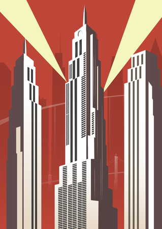Vertical cartoon cityscape on red background. Art deco style. Vectorのイラスト素材