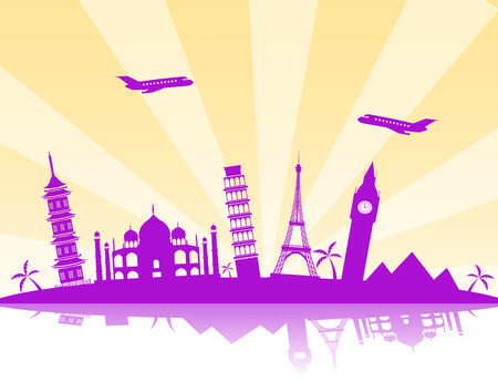 Travel background  vector illustration with silhouettes of flying aircraft and the world landmarksのイラスト素材