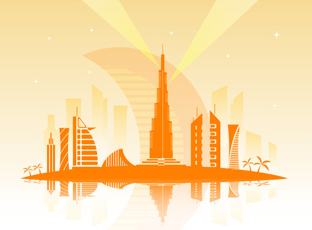 vector illustration of the city of Dubai in the United Arab Emirates, the symbols of the city skyscrapers hotels, stylish graphicsのイラスト素材