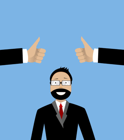 Happy businessman and two hands with thumbs up. Likes and positive feedback concept. Creative illustrationのイラスト素材