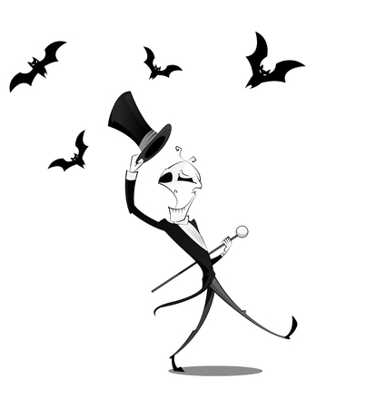 Fun character dancing skeletons with cane and cylinder. Halloween cartoon concept. Layered vector illustrationのイラスト素材
