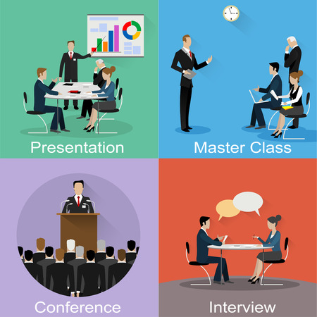 Conference banner set with training master class, job interview, discuss flat elements. Vector illustrationのイラスト素材