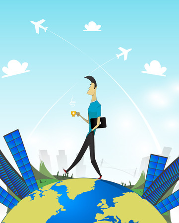 Young cartoon freelancer working on vacation and drink coffee. Freelancer works and travels. The concept of remote work, freelance work, travel, vacation. Vectorのイラスト素材