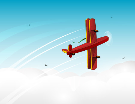 Cartoon red plane banner in the sky.  Travel over the world concept illustration. Vector illustration.のイラスト素材