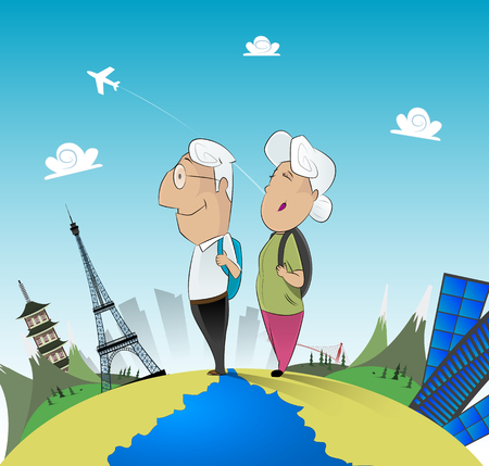 Senior couple travel around the world. Vacation, travel, cruise, fun concept illustration. Vectorのイラスト素材
