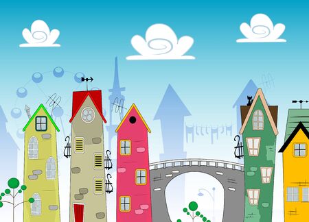 Vector cartoon Landscape Town with bridge and clouds.のイラスト素材